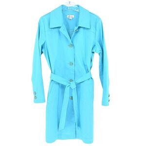 d.co Aqua Blue Trench Coat Belted Button Down Lightweight Jacket Tailored Preppy
